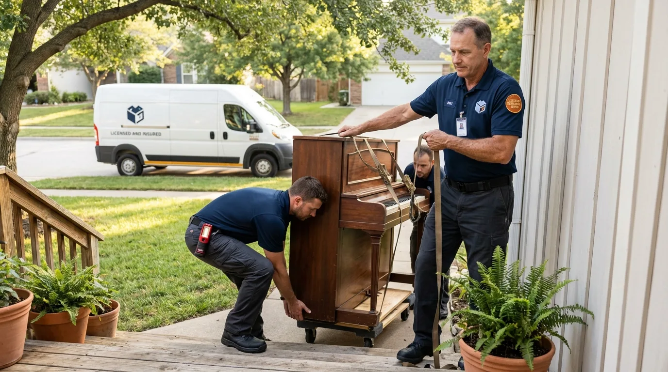 Licensed piano movers securing grand piano in Chittenango, NY