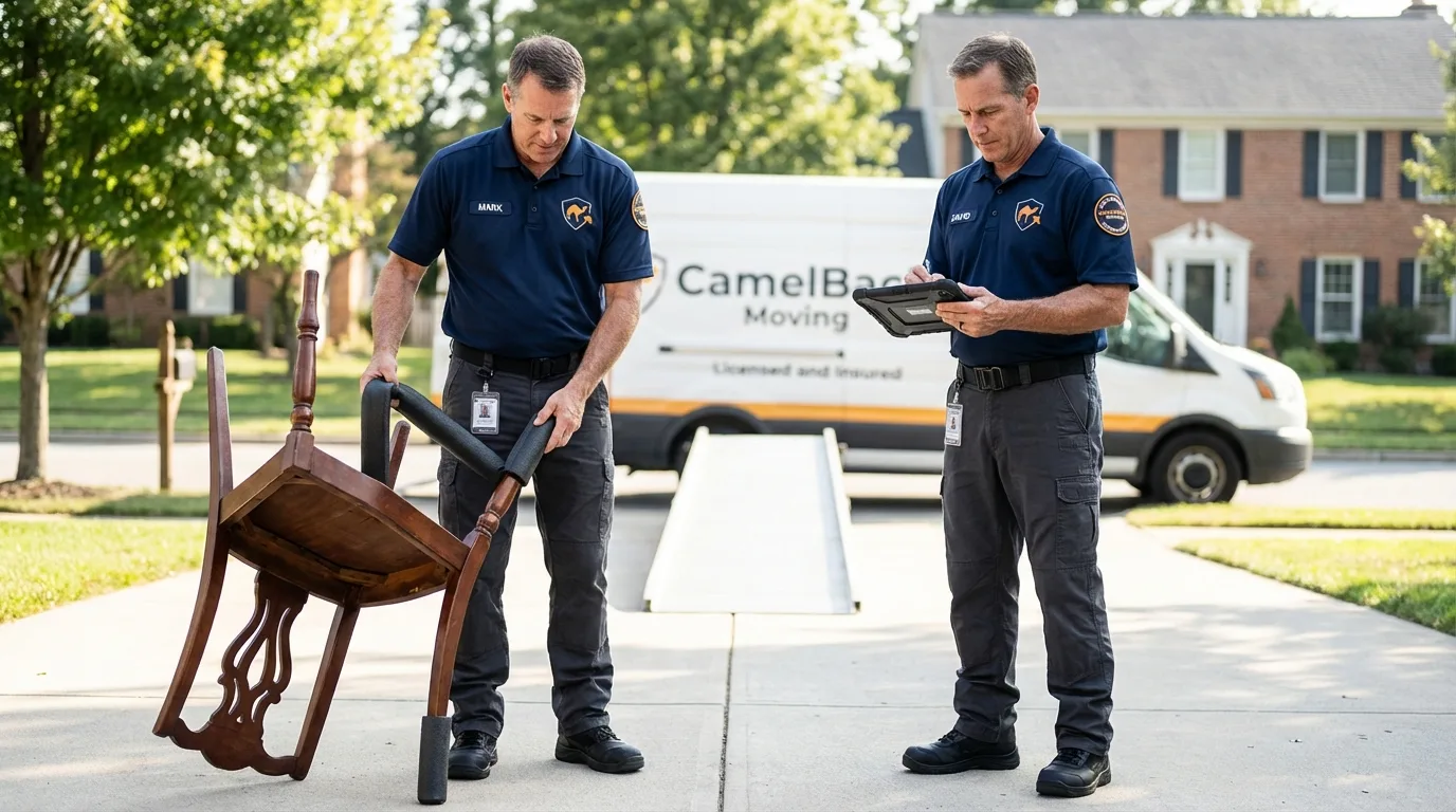 Movers inspecting furniture for damage prevention before loading in Chittenango, NY