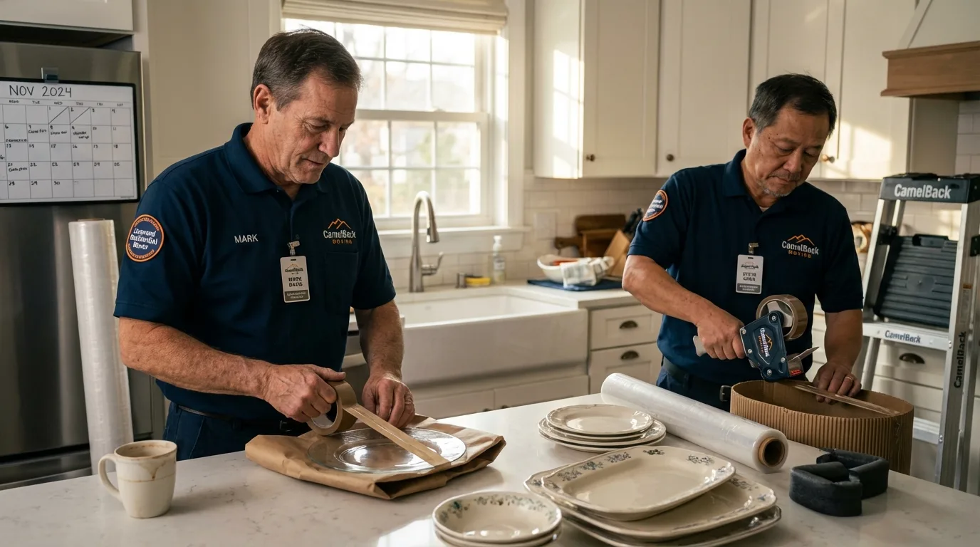 Professional crew packing kitchen dishware in Chittenango, NY